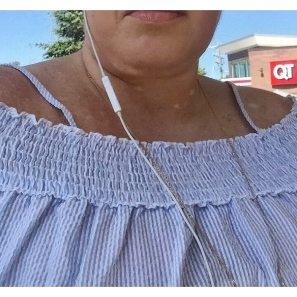 5-Star★★★★★ Rated Off Shoulder Pinstripe/Lace Top - Picture 6 of 7
